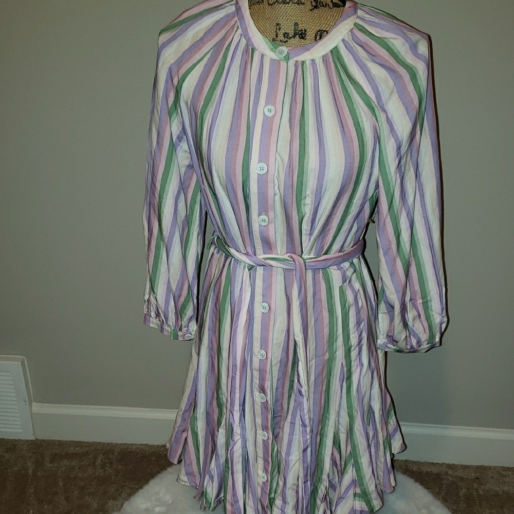 Current Air Pink Green Casual Dress with 3/4 Bishop Sleeves